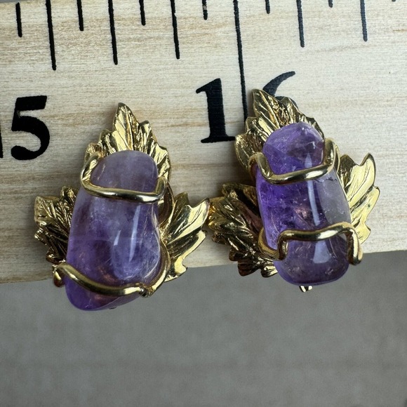 Purple Amythyst Stone Gold Tone Maple Leaf Clip On Earrings‎ Colorful - Picture 1 of 5